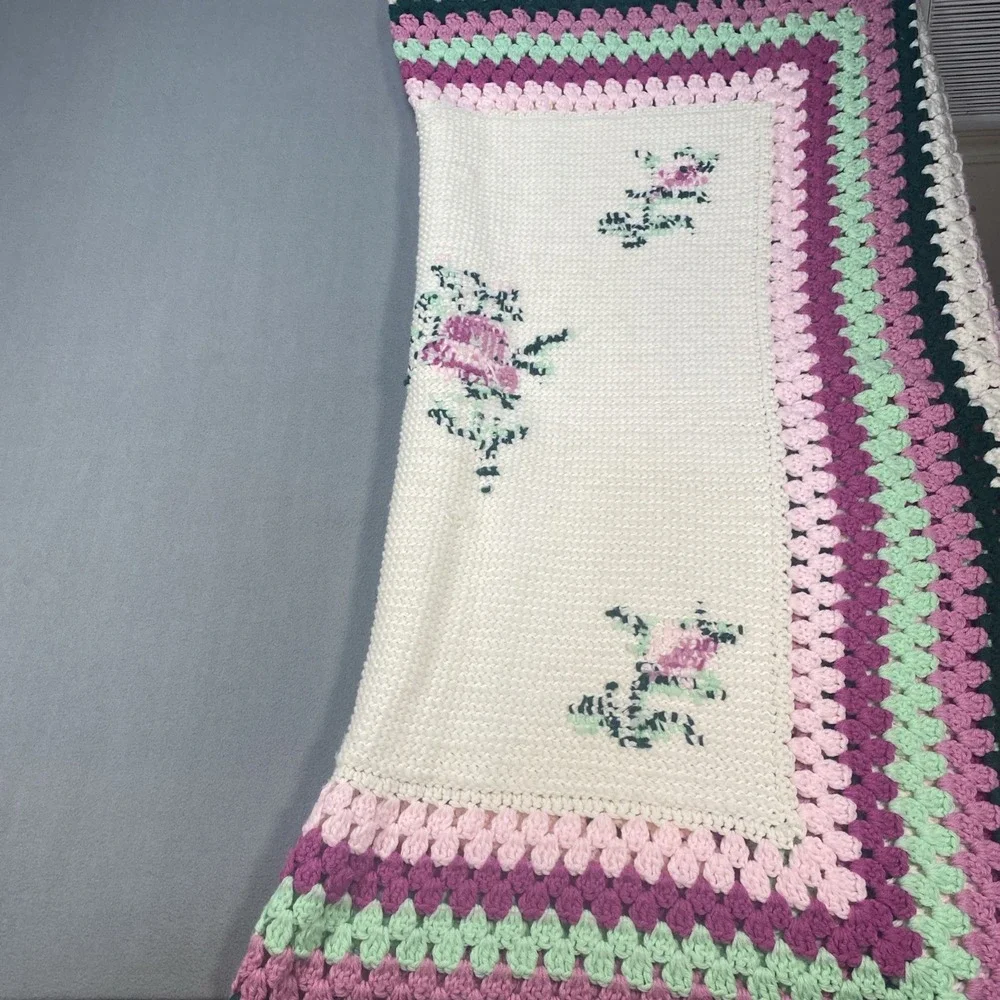 Vintage Crochet Afghan Throw Blanket Handmade Beige Pink Green Flowers 53x59